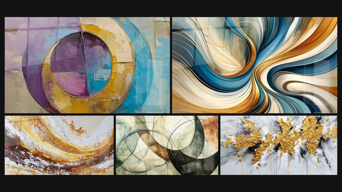 Mosaik aus fünf Gemälden, darunter Konzentrische farbige Kreise, Die unsichtbaren Verbindungen und Elegante Spiralen