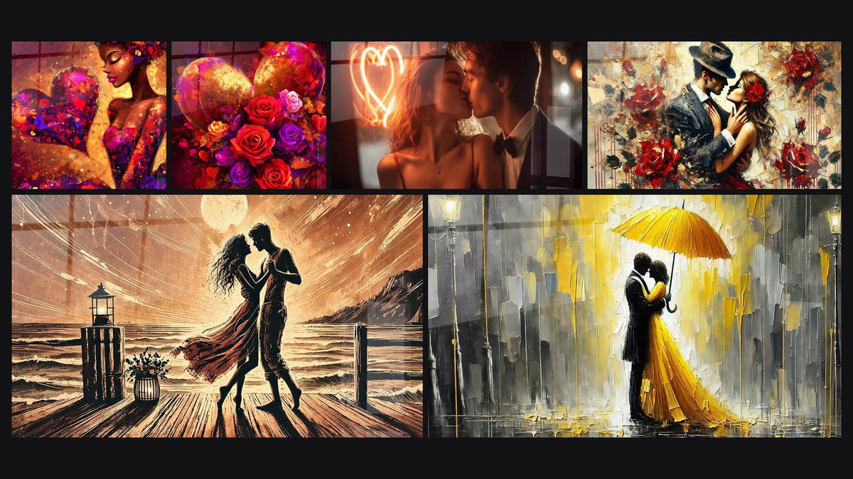 Mosaico de seis cuadros, entre ellos Mujer Corazón Apasionado, Corazón Abstracto Romance y Pareja Romance en la ciudad