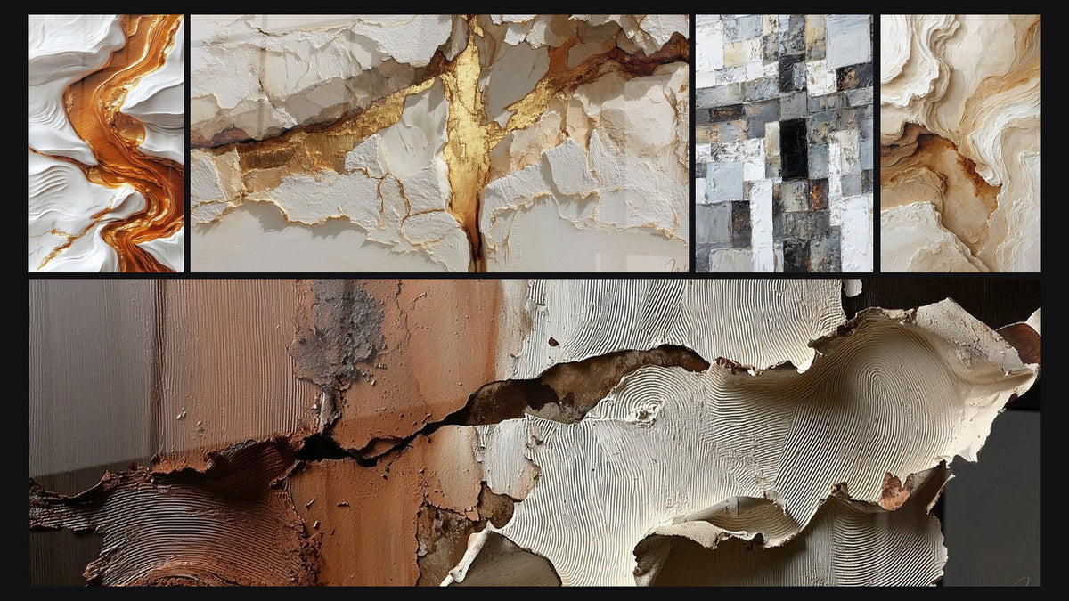 Mosaico de cinco cuadros, entre ellos Mosaico Abstracto Gris y Blanco y Abstracto Texturizado Beige y Ocre