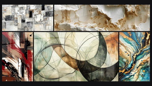 Mosaico de cinco cuadros, entre ellos Abstracto Mosaico Gris y Beige, Desorden Estructurado y Los Lazos Invisibles