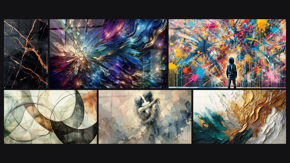Mosaico di sei quadri, tra cui Nero con vene dorate e arancione, Bagliori di Vetrate e I Legami Invisibili