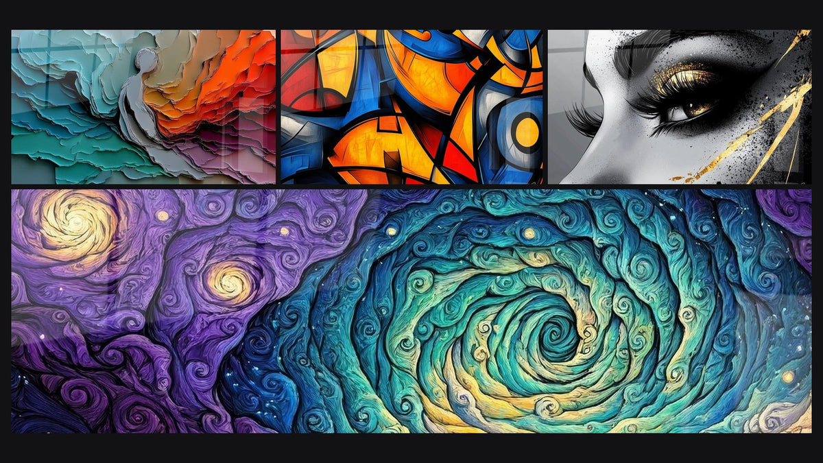 Mosaico di quattro quadri, tra cui Di strati geologici colorati, A spirale cosmica colorata e Forme geometriche colorate di