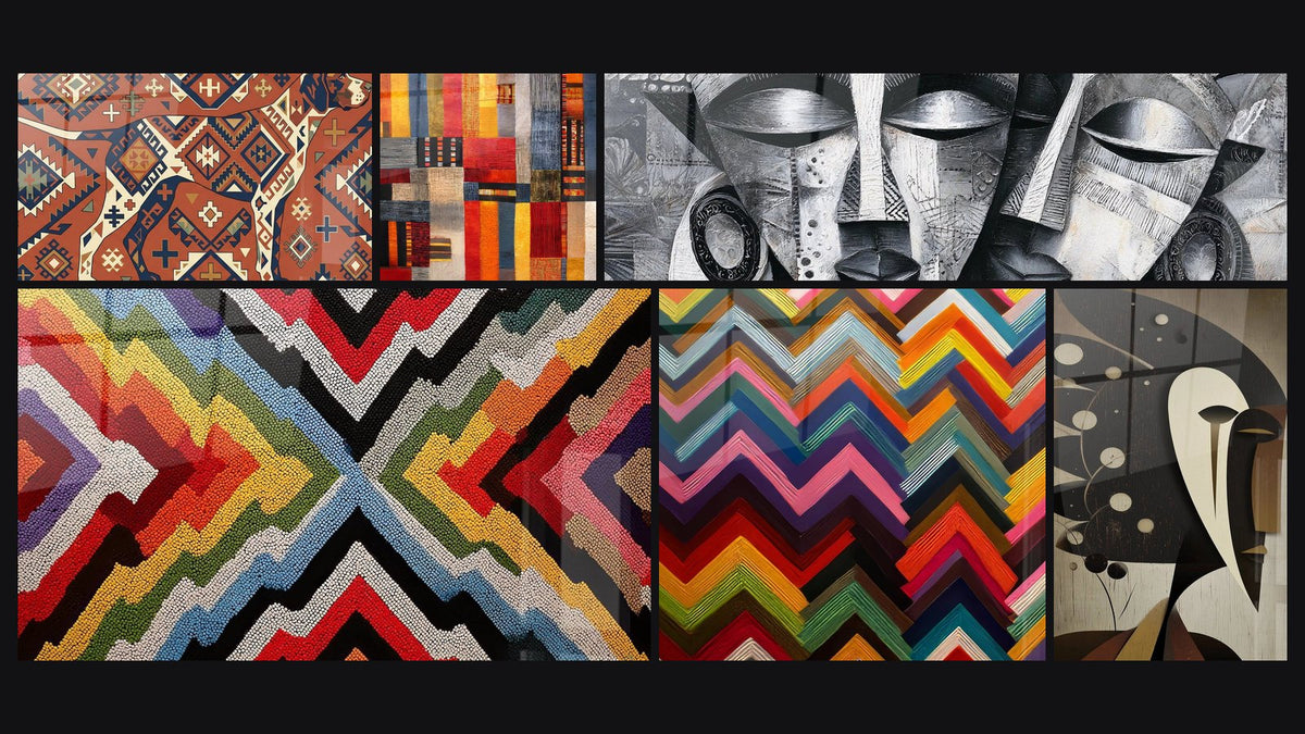 Mosaïque de six tableaux, dont Chien aux Motifs Géométriques Ethniques et Composition géométrique abstraite