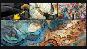 Mosaico de cuatro cuadros, entre ellos Río dorado y árbol amarillo, Olas oceánicas y Los Lazos Invisibles
