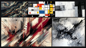 Mozaïek van vijf schilderijen, waaronder Goudstroomtabel en Geometrisch gekleurde compositie