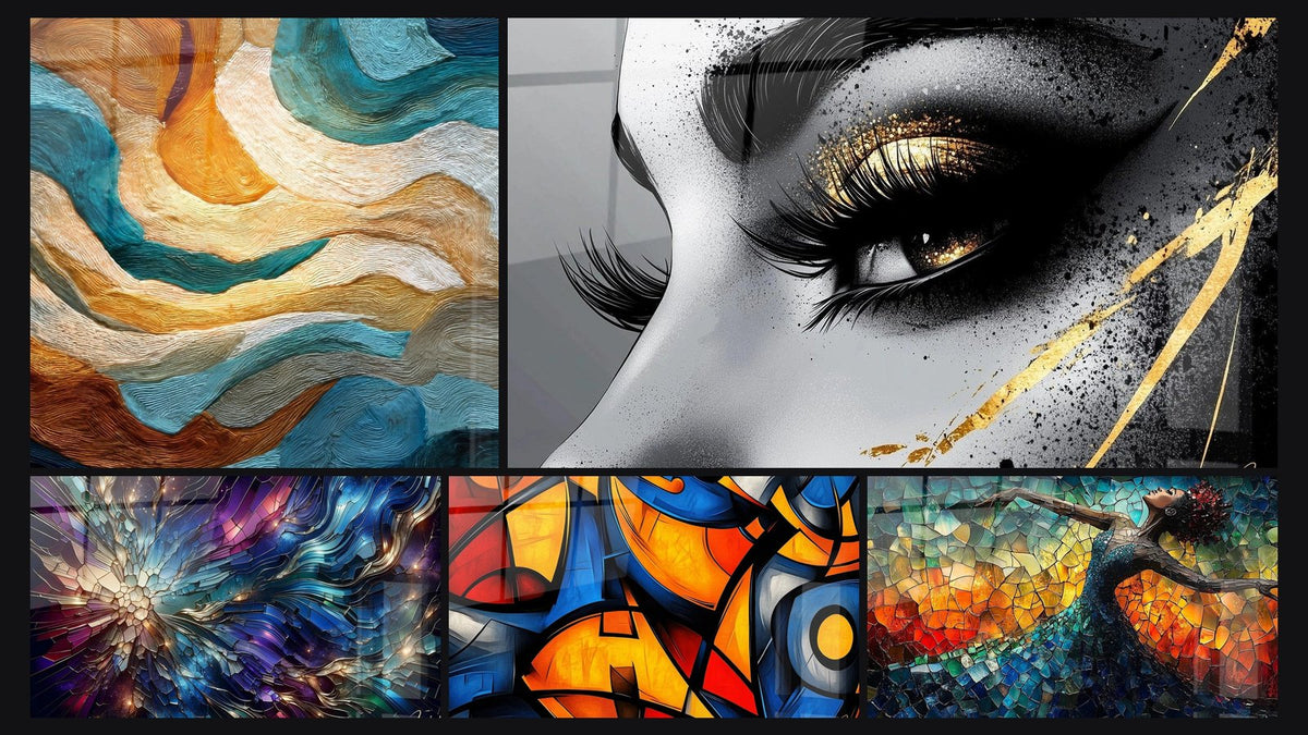 Mosaico de cinco cuadros, entre ellos Ondas fluidas doradas y turquesa, Fragmentos de Vitrales y Formas geométricas coloridas