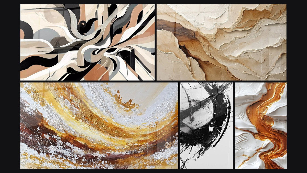 Mosaic of five paintings, including Graphical Vibrations, Abstract Beige and Earth and The Break in Time