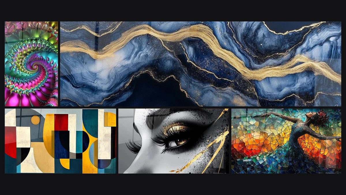 Mosaïque de cinq tableaux, dont Spirale fractale colorée, Formes géométriques colorées et Œil larme d'or