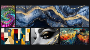 Mosaico de cinco cuadros, entre ellos Espiral fractal colorido, Formas geométricas de colores y Ojo Lágrima de Oro