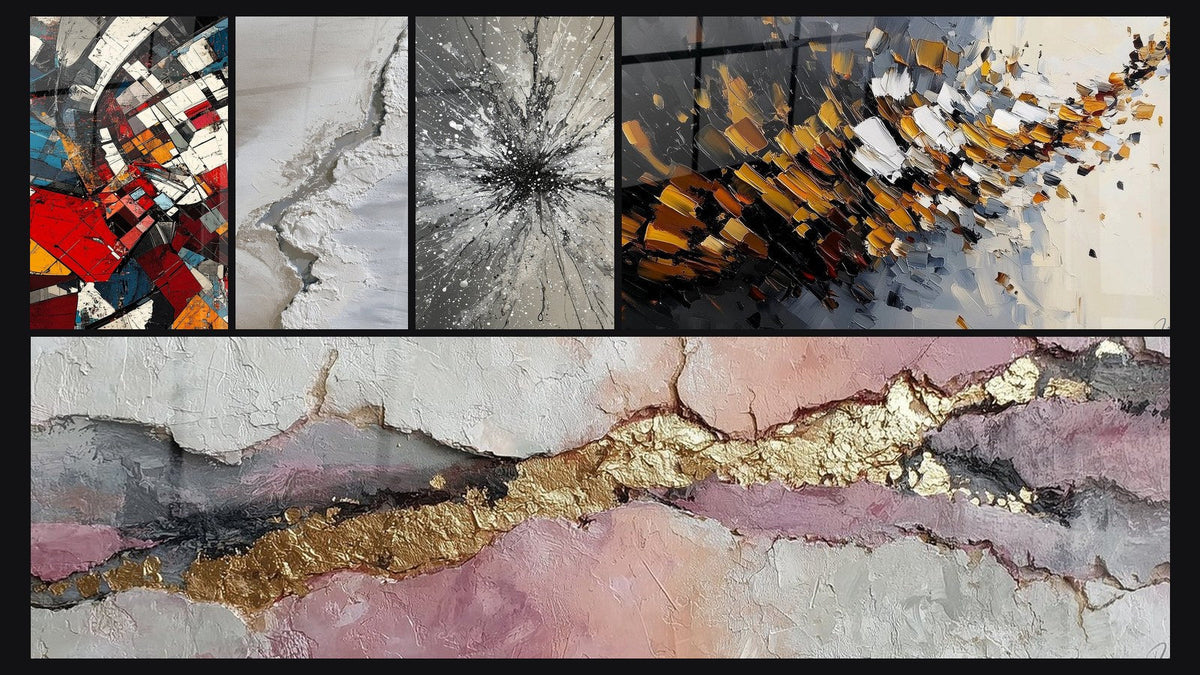 Mosaico di cinque quadri, tra cui Rivoluzione Architettonica Moderna e Astratto Texture Bianche e Grigie Crepite