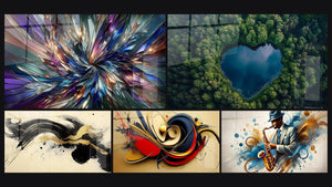 Mozaïek van vijf schilderijen, waaronder Stralende Fractals, Meer nr. 1 en Gepassioneerd Elan