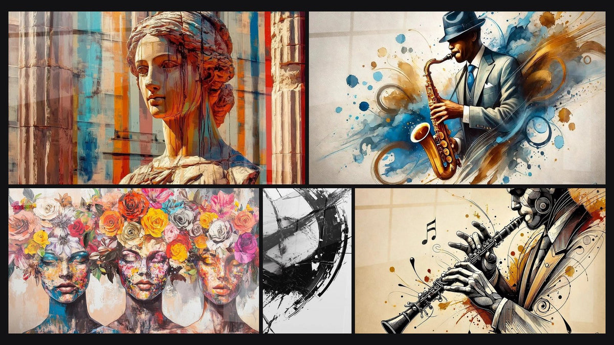 Mosaico di cinque quadri, tra cui L'Anima dell'Arte, Le Muse Fiorite e La Frattura del Tempo