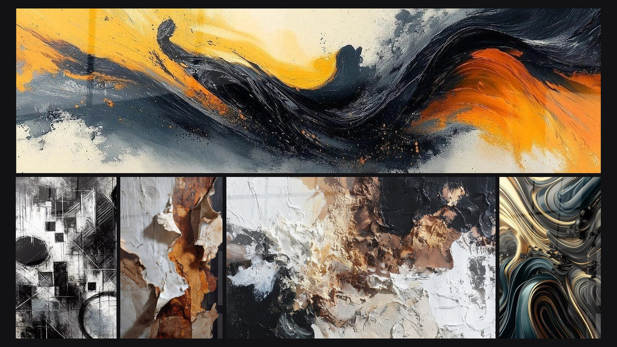 Mosaico di cinque quadri, tra cui Sinfonia Contrastata Nero, Frammenti di Assoluto e Astratto testurizzato bianco nero bronzo