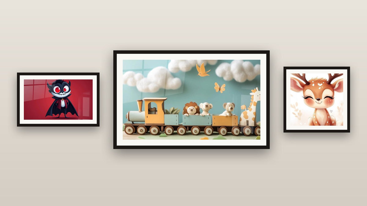 Gallery wall with three framed paintings, including Children's Wall Art No. 22 and Vampire Wall Art N°2