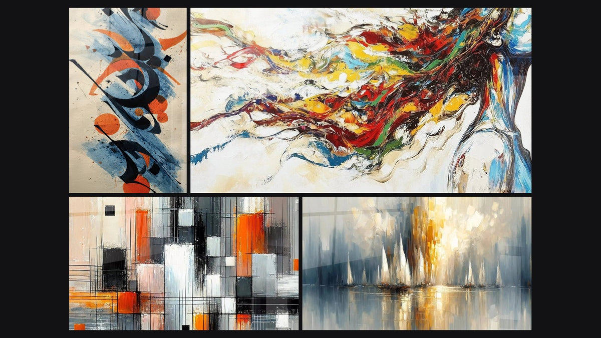 Mosaic of four paintings, including Abstract composition, Mechanics of Colors and Dawn Over the Bay
