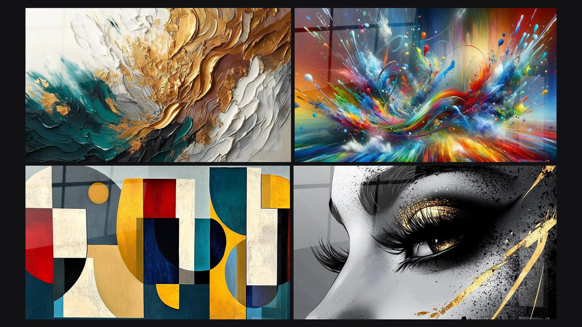 Mosaico de cuatro cuadros, entre ellos Trazos en Oro y Jade, Abstracto Big Bang Explosivo y Formas geométricas de colores