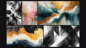 Mosaico de cinco cuadros, entre ellos Fragmentos del Absoluto, Marea Eterna Dorada y Luz de las Profundidades