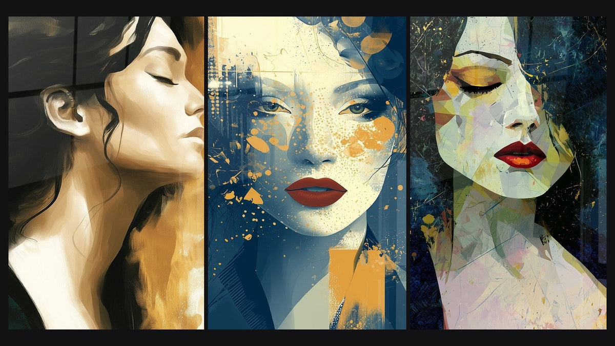 Mosaic of three paintings, including Geometric Face with Red Lips and Navy Blue