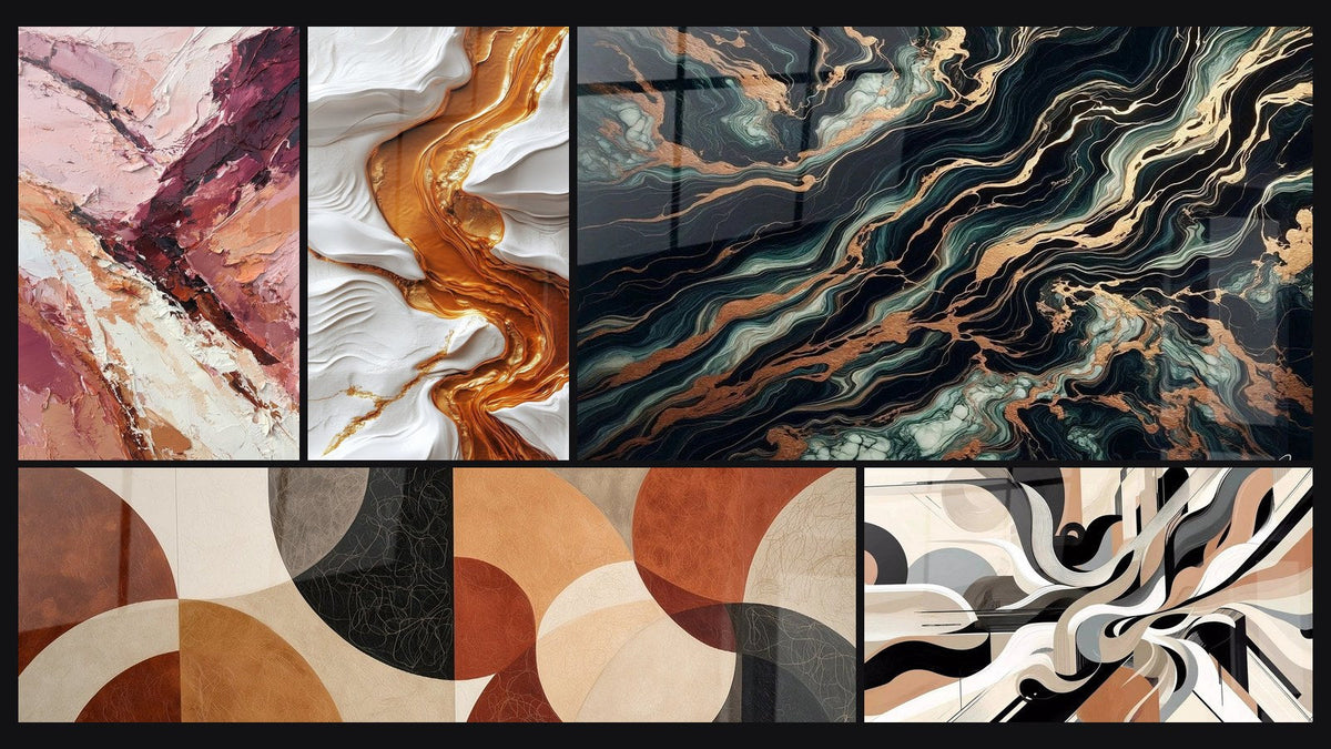 Mosaico di cinque quadri, tra cui Vibrazioni Grafiche e Flusso Aureo