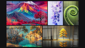 Mosaïque de cinq tableaux, dont Volcan coloré surréaliste, Crique méditerranéenne et Glycine N°1