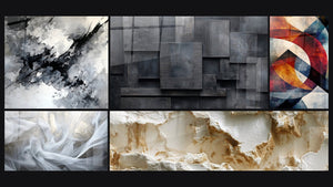 Mozaïek van vijf schilderijen, waaronder Abstract geometrisch grijs kolen zwart en Zeilen van Licht