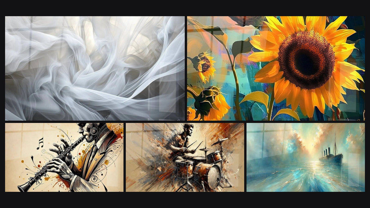 Mosaic of five paintings, including Veils of Light, Sunflower Wall Art No. 1 and Drums Wall Art No. 2