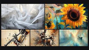 Mosaic of five paintings, including Veils of Light, Sunflower Wall Art No. 1 and Drums Wall Art No. 2