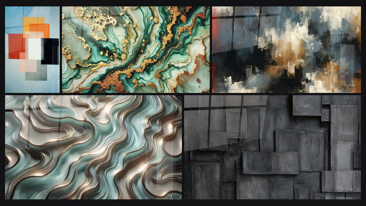 Mosaico de cinco cuadros, entre ellos Formas Geométricas Contraste Funcional, Mármol Misterioso y Curvas Etéreas