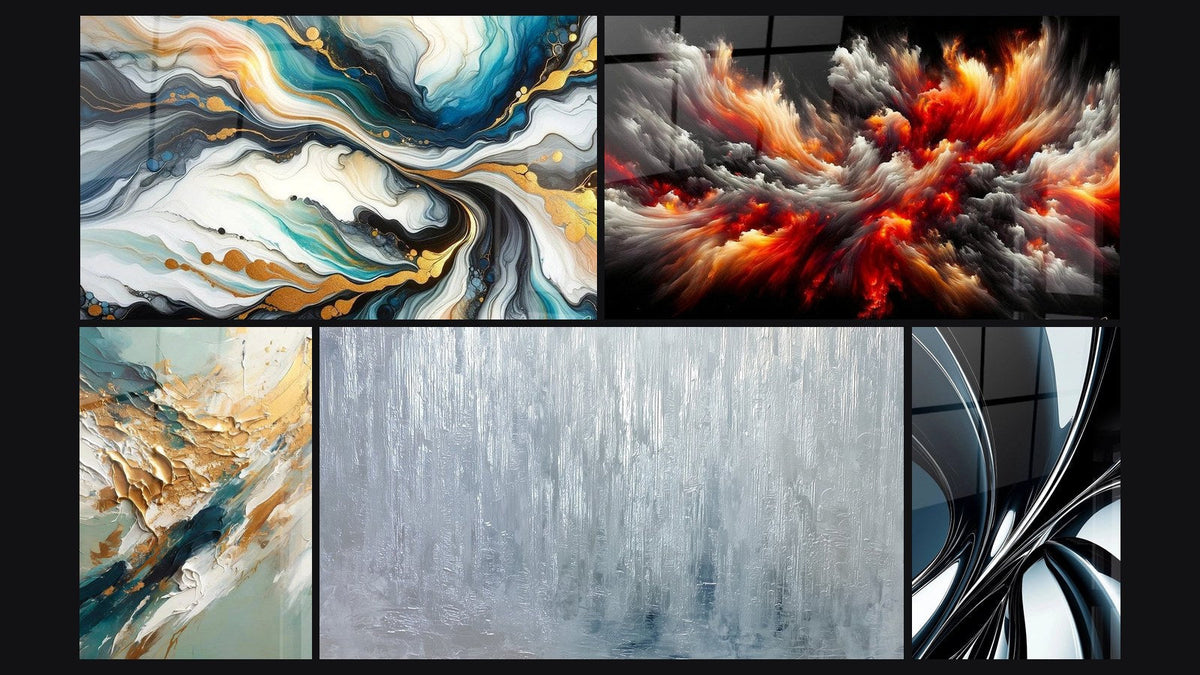 Mosaico de cinco cuadros, entre ellos Abstracto de Corrientes Coloridas, Flujo y Retroceso Dorado y Tormenta Solar Abisal