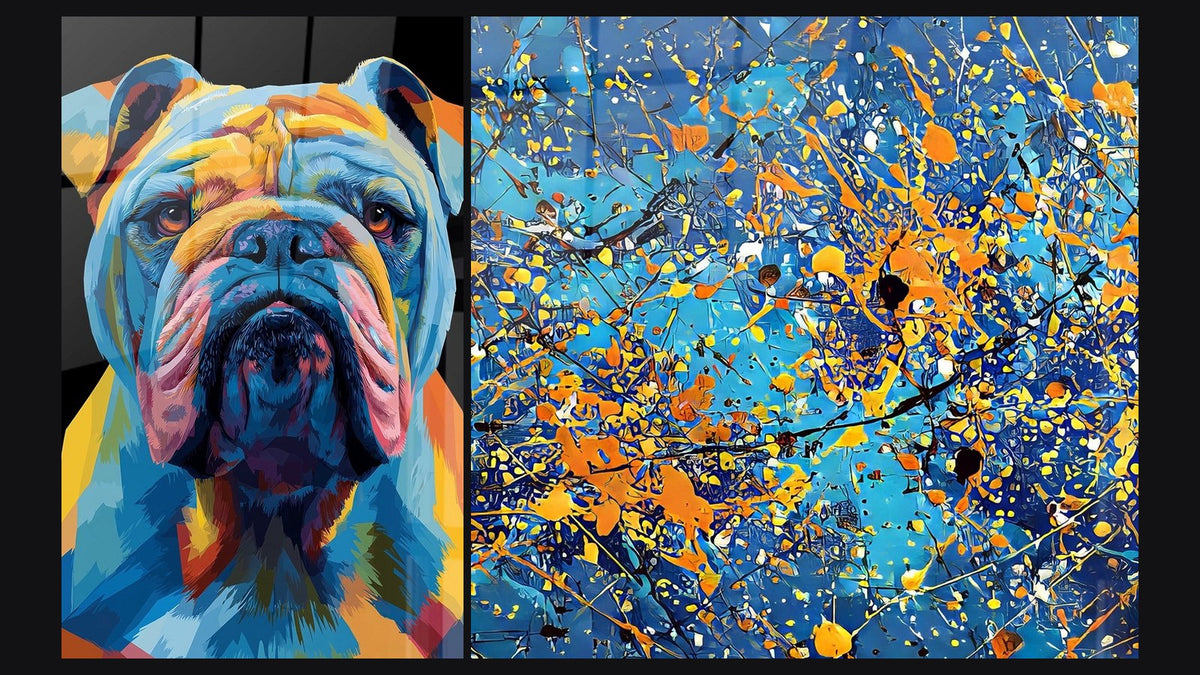 Two paintings side by side, including Colorful explosion