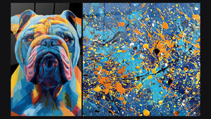Two paintings side by side, including Colorful explosion