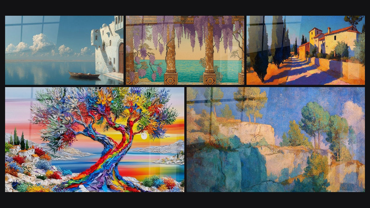Mozaïek van vijf schilderijen, waaronder Pergola Mediterrane, Mediterrane kliffen en Mediterraans dorp