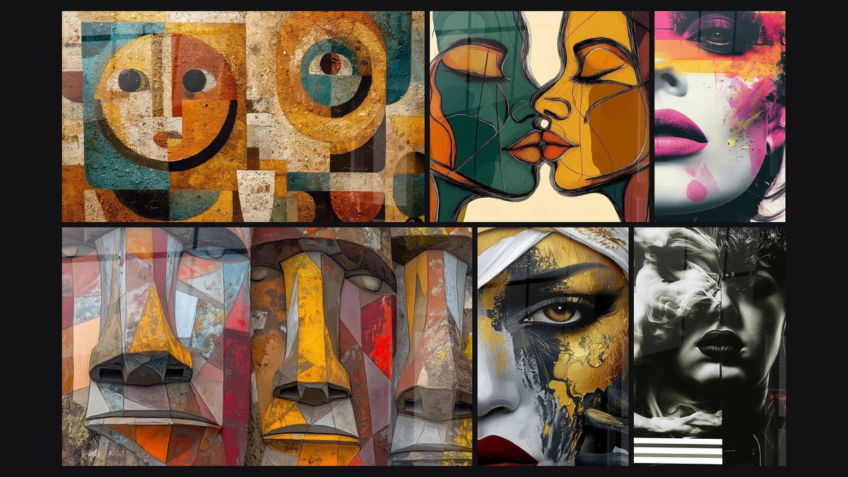 Mosaic of six paintings, including African geometric, Intertwined Faces and Cubist Faces