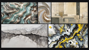 Mozaïek van vijf schilderijen, waaronder Etherische Curves, Spiraal goud-wit reliëf textuur en Zwart Impact