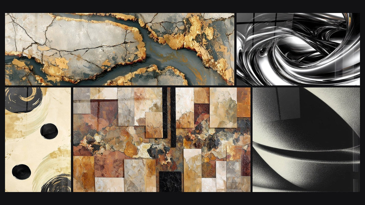 Mosaïque de cinq tableaux, dont Marbrure dorée aux failles anthracite, Équilibre Sphère Noir et Tourbillon métallique