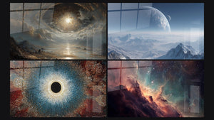 Mosaïque de quatre tableaux, dont Galaxie spirale cosmique, Planète extraterrestre et Œil cosmique