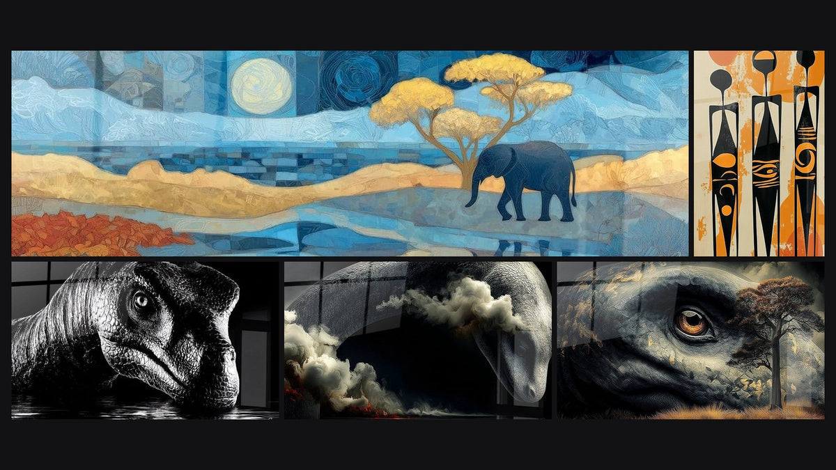 Mosaic of five paintings, including African Silhouettes Communion Orange, Dinosaur Theropod and Giant Sea Serpent