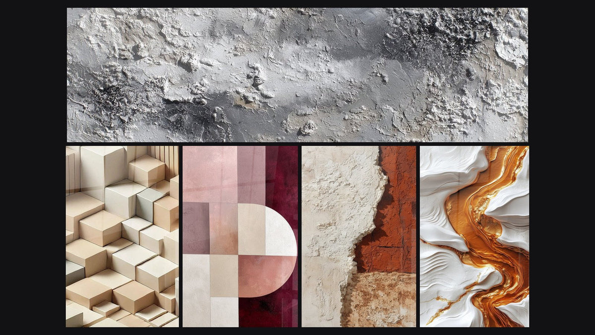 Mosaic of five paintings, including Gray and Silvered Mineral Abstract Texture and Minimalism Sculpted