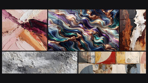 Mosaic of five paintings, including Serenade Mineral Abstract and Gray and Silvered Mineral Abstract Texture