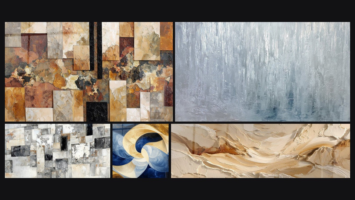 Mosaic of five paintings, including Abstract Mosaic Wall Art Grey and Beige and Divine Breath White