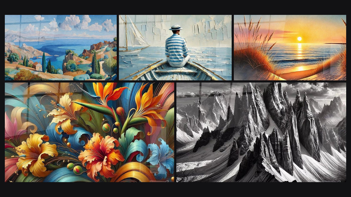 Mosaik aus fünf Gemälden, darunter Mittelmeerlandschaft, Die Kunst des Wassers und Botanische Rhapsodie