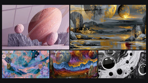 Mosaïque de cinq tableaux, dont Planète rose avec anneaux et Planètes Mouvantes