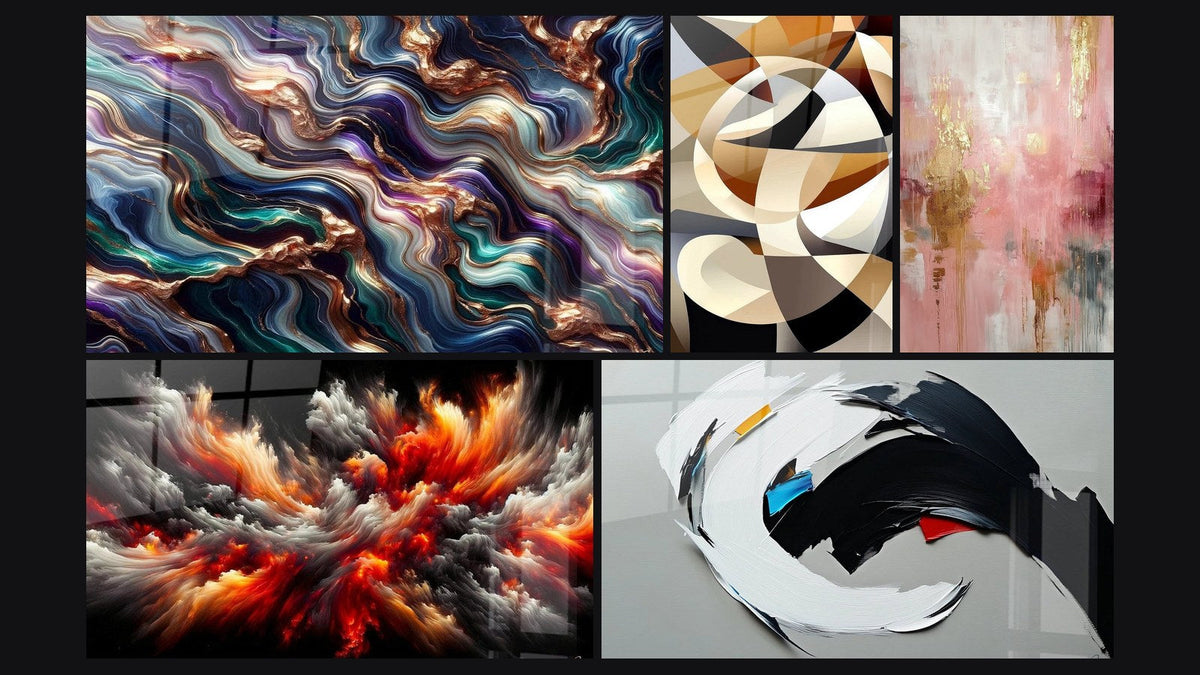 Mosaic of five paintings, including Serenade Mineral Abstract, Interlaced Circular Shapes and Solar Storm Abyss