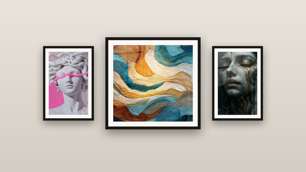 Gallery wall with three framed paintings: Golden and turquoise fluid waves, Modern Goddess and Scar of Time