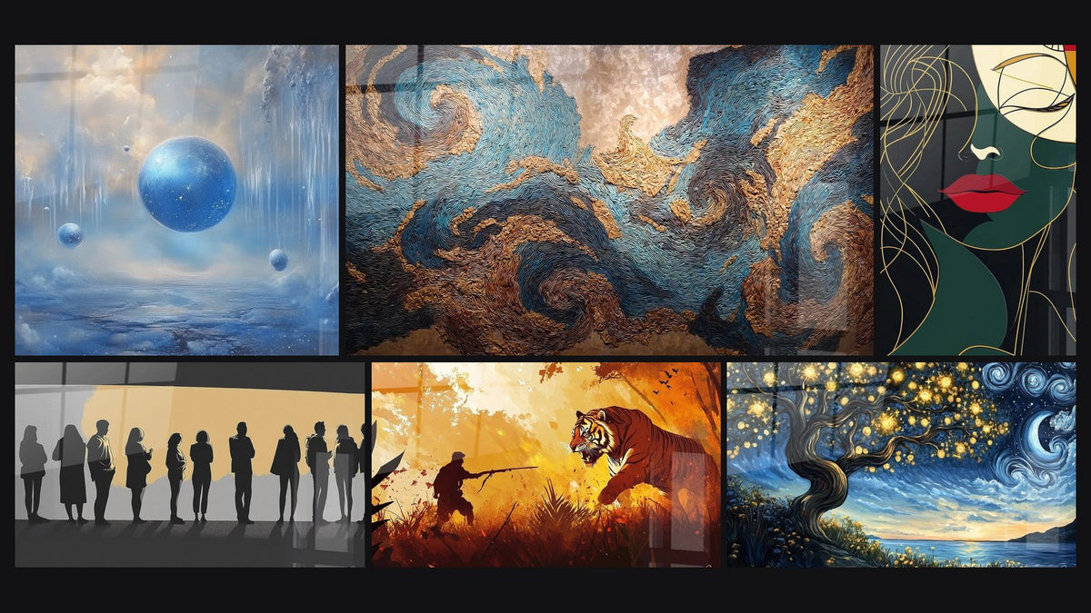 Mosaico de seis cuadros, entre ellos Planetas azules y Remolinos cósmicos