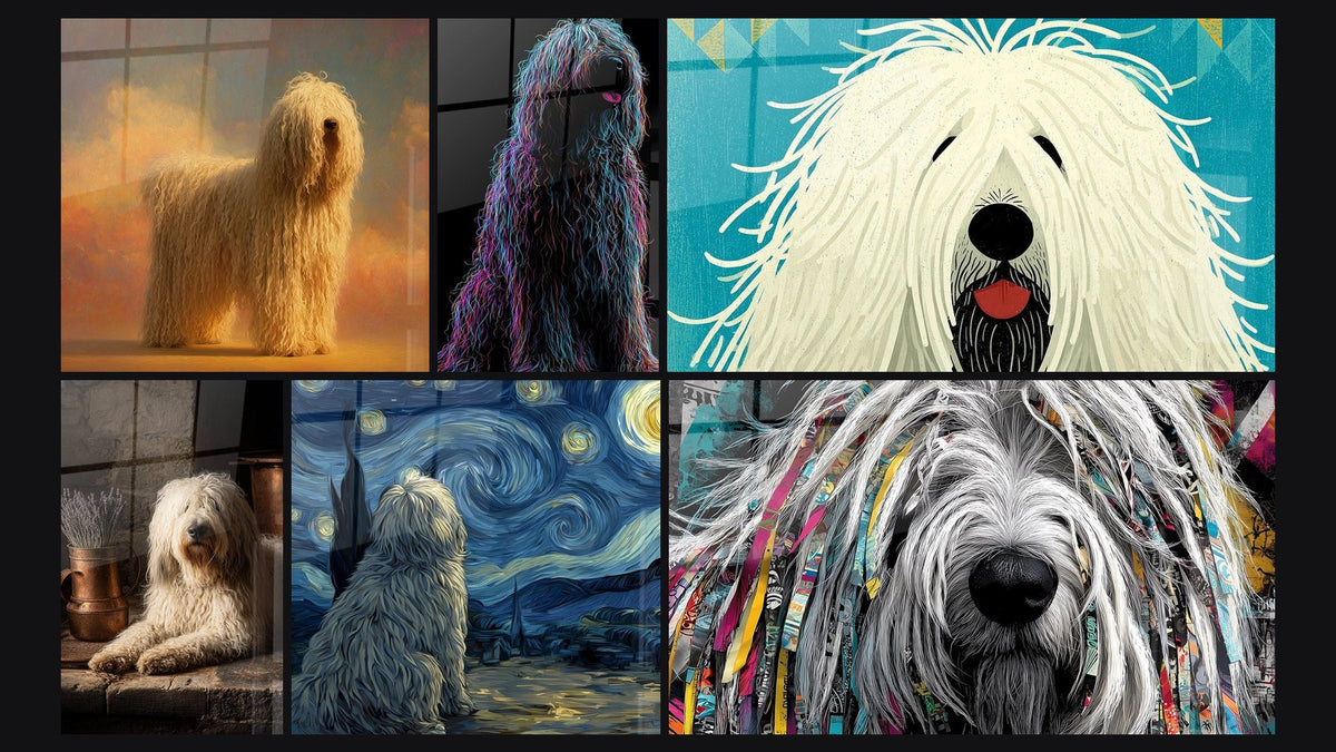 Mosaico de seis cuadros, entre ellos Perro de Pelo Largo Dorado en Luz Cálida y Perro de Pelo Multicolor Psicodélico