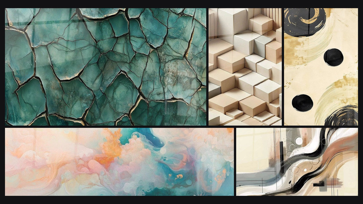 Mosaico di cinque quadri, tra cui Terra Fratturata, Minimalismo Scolpito e Cumuli Flottanti Rosa
