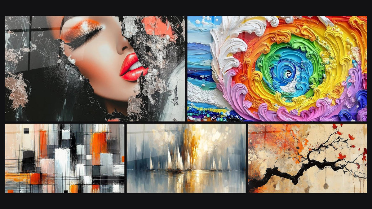 Mosaico de cinco cuadros, entre ellos Mujer rojo y negro, Ola colorida en espiral y Mecánica de Colores