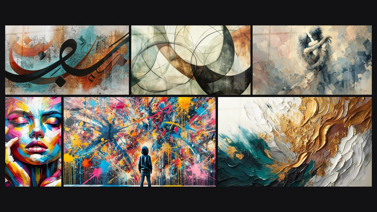 Mosaico di sei quadri, tra cui Calligrafie arabe moderne, Splendore Vintage e I Legami Invisibili