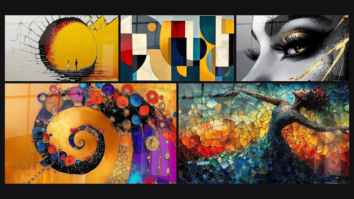 Mosaïque de cinq tableaux, dont Tunnel lumineux couple, Spirale dorée colorée et Formes géométriques colorées